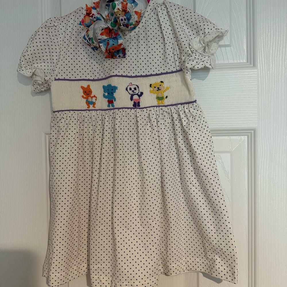 Polka Dot Kids Dress with Animal Embroidery